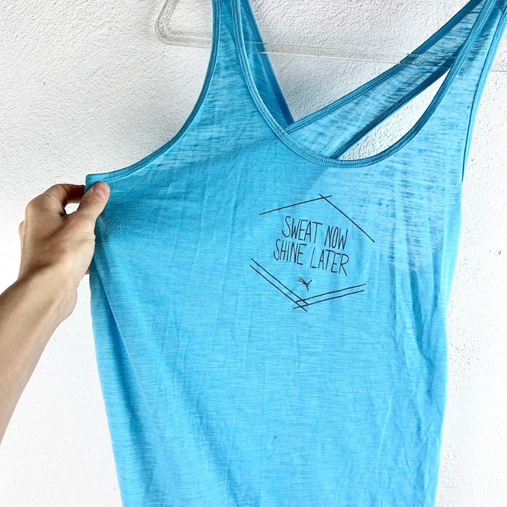 PUMA | 🐈‍⬛ Bright Blue “SWEAT NOW SHINE LATER” Print Racerback Tank Top